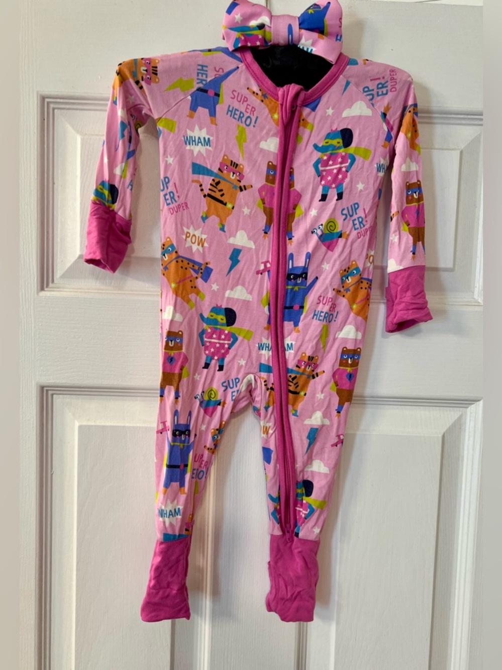 Little Sleepies Pink Superhero Bamboo Convertible Romper & Headband 3-6 Months